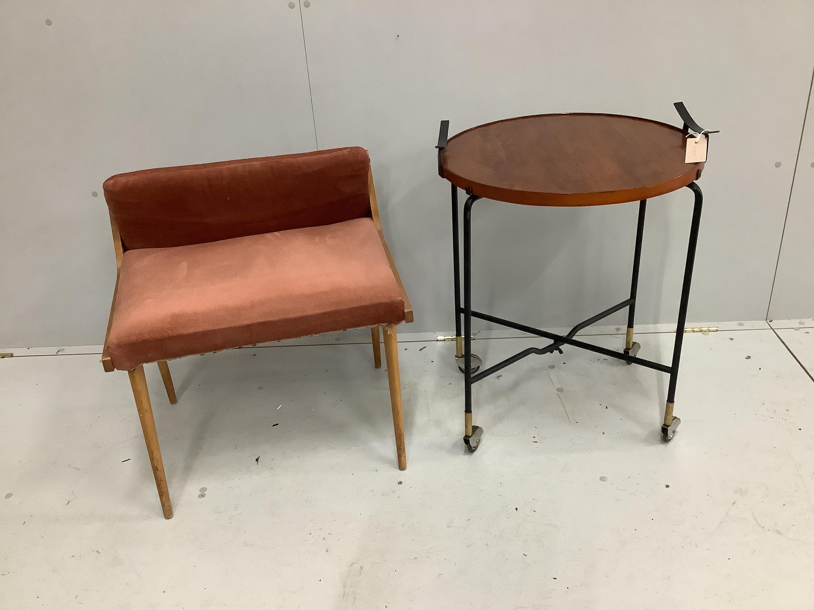 A mid century circular folding trolley, diameter 50cm, height 66cm together with a mid century teak dressing stool